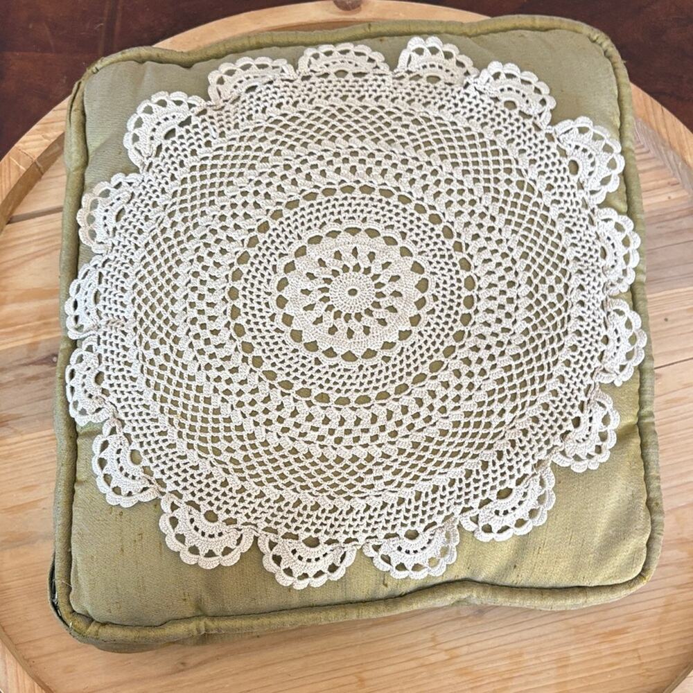 Vintage Green Cushion with Lace Doily Accent